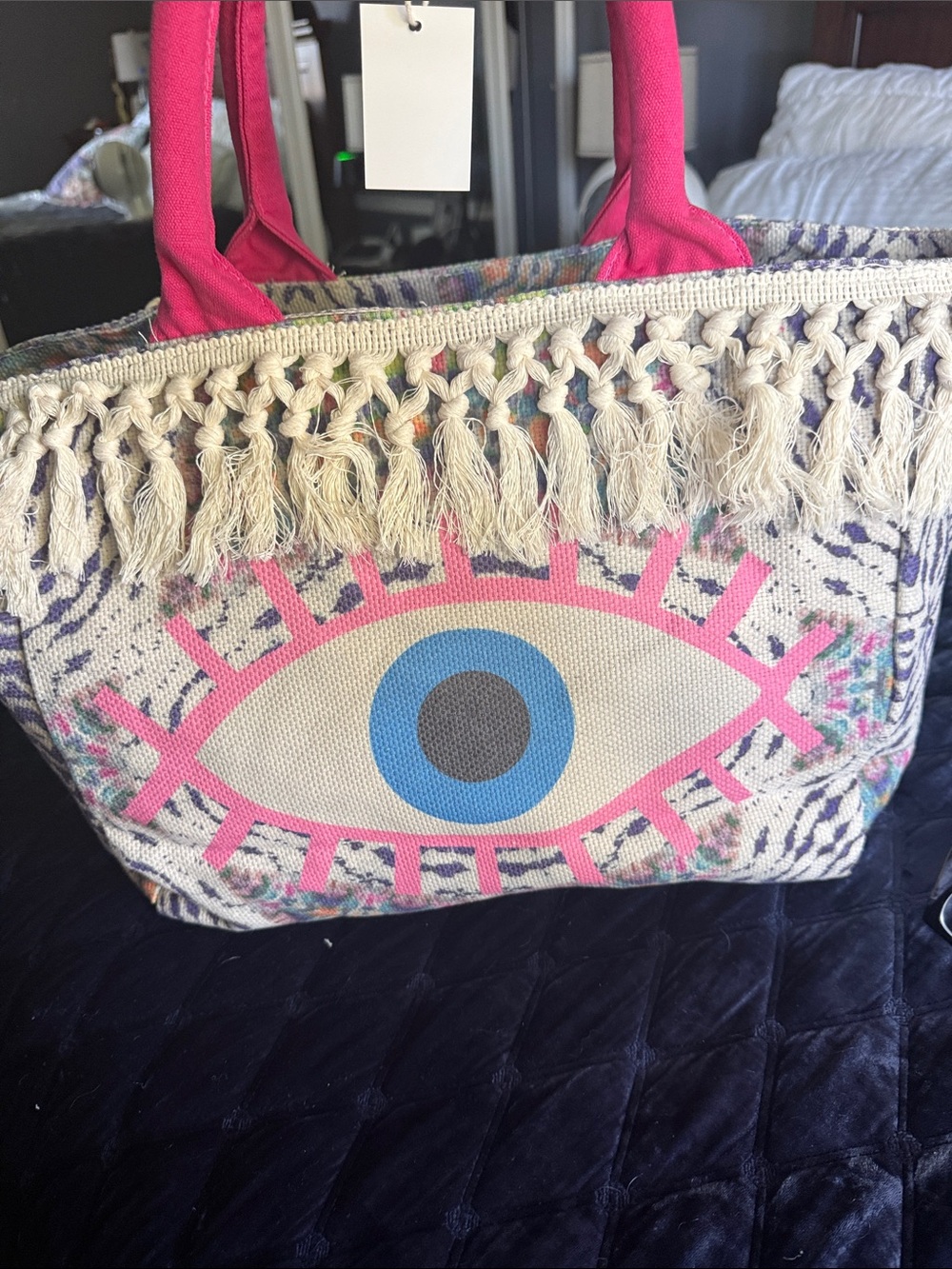 Fringed Canvas Tote with Pink Handles and Evil Eye Graphic Large tote
